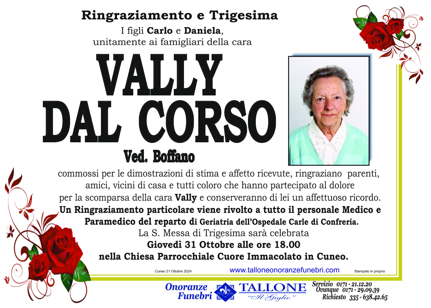 <br />
<b>Warning</b>:  Undefined variable $info in <b>/home/tallone/public_html/ringraziamenti.php</b> on line <b>68</b><br />
Vally Dal Corso